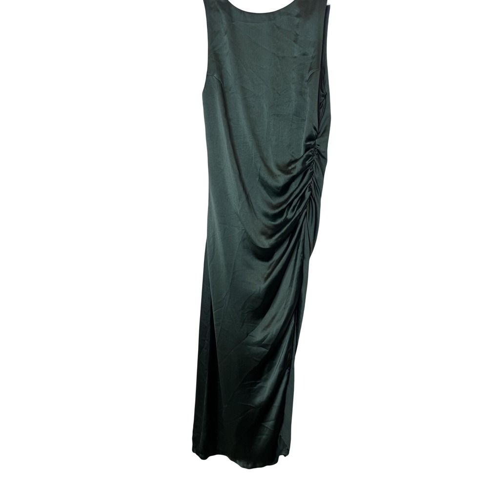 BHLDN Dress Womens Medium Green Satin Side Ruched Scoop Neck Maxi Gown Formal